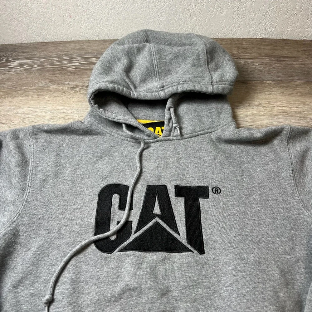 CAT Caterpillar Hoodie Mens Medium Grey Embroidered Logo Pullover Sweatshirt
